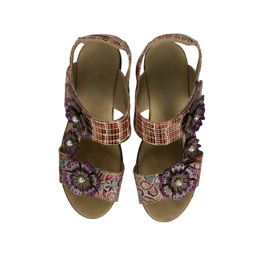 L'artiste Radd Geo Prm Wedge Sandals Heels Multicolor Leather Flower Sz 38/7.5-8